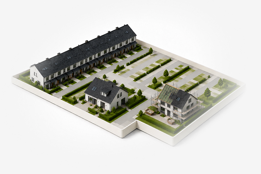 Seriebouwwoningen met prefab daken